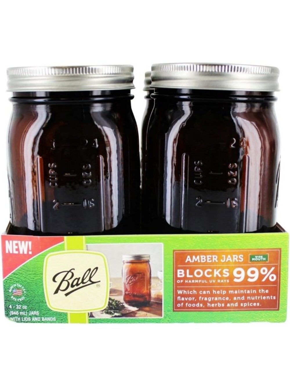 Quart Amber Canning Jars - 4 Count, Wide Mouth Glass Storage Containers for